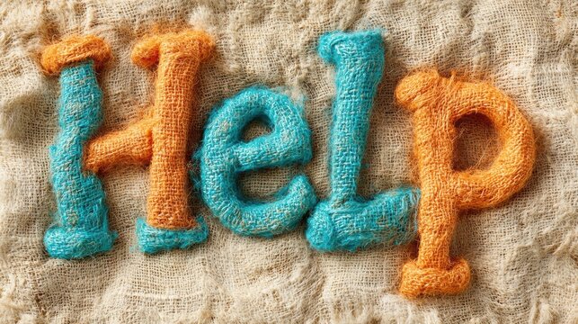 Colorful textured fabric letters forming the word 'Help' displayed on a rustic burlap sack background calling for assistance or support
