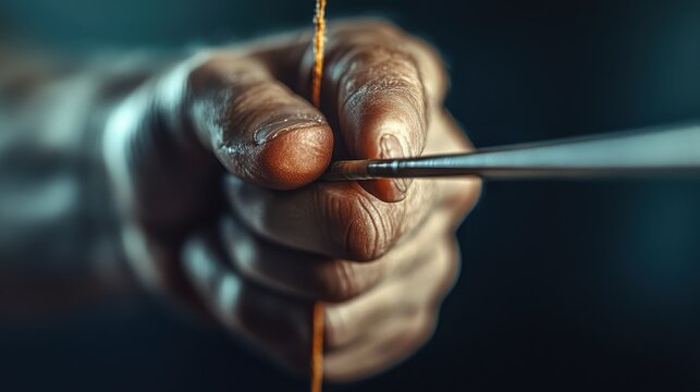 A detailed close-up of a steady hand skillfully threading a needle, highlighting precision and dedication, symbolizing craftsmanship, patience, and attention to detail.