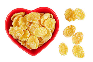 Cornflakes in ceramic bowl isolated on white background. Top view. Flat lay