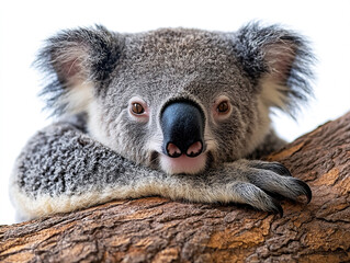 Fototapeta premium Close up of koala bear sleeping on a tree branch isolated on white background