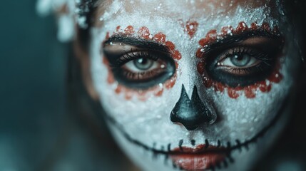 An individual wearing elaborate sugar skull makeup, featuring spectacular colors and patterns, symbolizing beauty, art, and cultural homage with a powerful gaze.