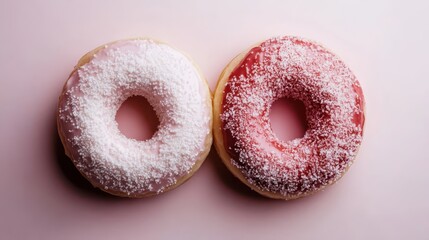 A pair of delicious-looking donuts with pink and white frosting, sprinkled with sugar, enticing the sweet tooth with a delectable visual treat of indulgence.