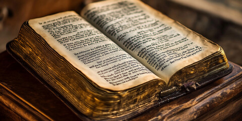 Old holy bible book on the wooden table in the church. Selective focus