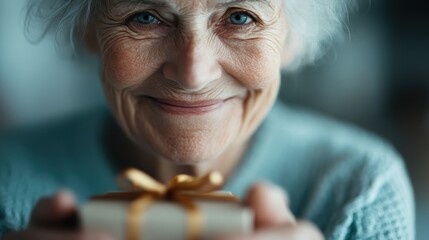An elderly woman with a gentle smile presents a small gift box wrapped in ribbon, symbolizing kindness, warmth, and the joy of giving to others from the heart.