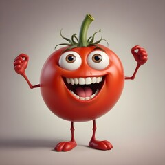 Fototapeta premium A red tomato terror with big eyes and a toothy grin, making a silly expression and gesturing with its arms