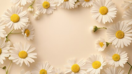 Obraz premium A creative banner with chamomile daisies framing a circle on a beige background, offering a fresh and natural look