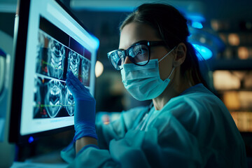 The dentists look at teeth x-ray on the screen.
