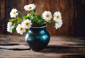 Fresh daisies arranged in a rustic vase on a wooden table creating a charming floral centerpiece