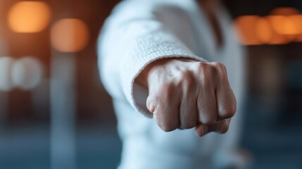 Obraz premium A karate practitioner skillfully executes a punch in a dojo setting, emphasizing control and precision, with blurred background lights highlighting the movement.