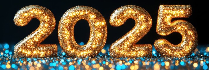 A vibrant and sparkling gold 2025 displayed with glittering lights, celebrating the anticipation of the upcoming new year