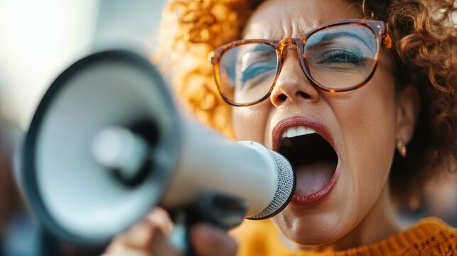 A woman with glasses uses a grey megaphone, exhibiting strong passion and determination, publicly amplifying her voice to advocate for important causes in an outdoor setting.