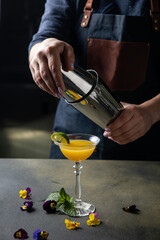 Bartender is making a cocktail at the bar, close-up