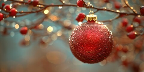 Obraz premium A close-up view of a shimmering red Christmas ornament adorned with delicate water droplets hanging from a branch with blurred festive lights in the background