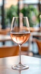 The background is a cozy interior with wooden furniture, and there is a glass of clear, rose-colored wine on the table.