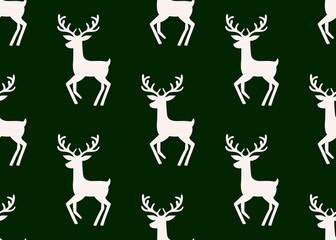 Set of deer. Seamless pattern with deer. New Year's pattern with white deer on a green background. Christmas mood.