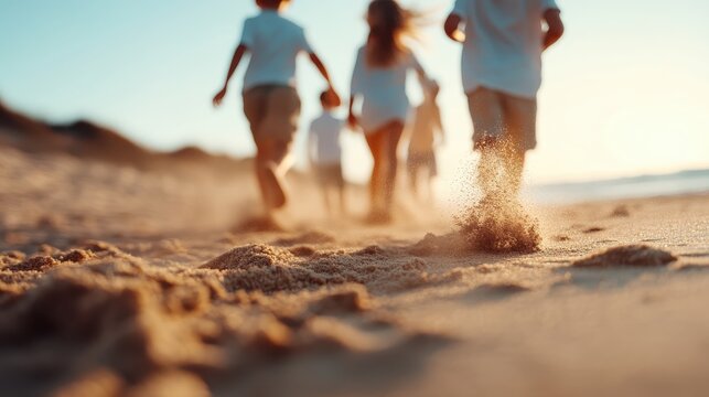 A group of children joyfully dash across a sandy beach, their feet kicking up dust, basking in the golden light of a serene sunset, depicting carefree adventure.