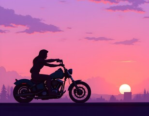 Fototapeta premium Biker Girl Riding Motorcycle at Dawn, Framed by Soft Pink and Purple Sunrise