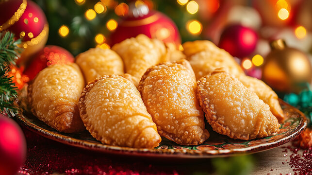 Crocant pastries on a decorative plate, festive setting with Christmas decorations and lights