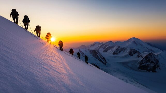Adventurous climbers trek up a snowy mountain slope at sunset, showcasing determination and the beauty of nature.