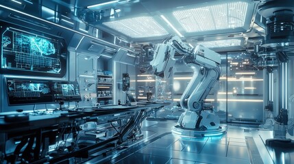 Fototapeta premium Cutting Edge Robotic Arm in Futuristic Industrial Laboratory