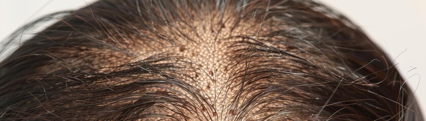 Fototapeta premium A detailed view of a magnified scalp showing thinning hair with visible hair follicles, focusing on the texture and biology of hair loss, medical realism