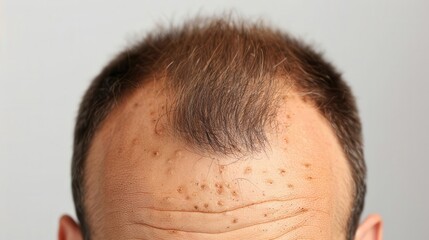 Obraz premium A man s scalp with noticeable bald spots, clearly showing the progression of male pattern baldness, fully visible scene of hair loss, natural realism