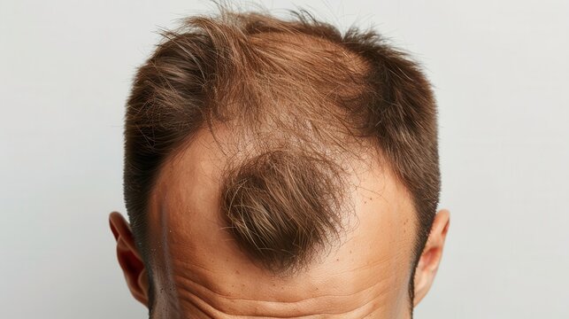 A man s scalp with noticeable bald spots, clearly showing the progression of male pattern baldness, fully visible scene of hair loss, natural realism