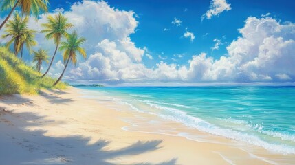 A picturesque tropical beach with white sand, turquoise water, and palm trees under a bright blue sky.