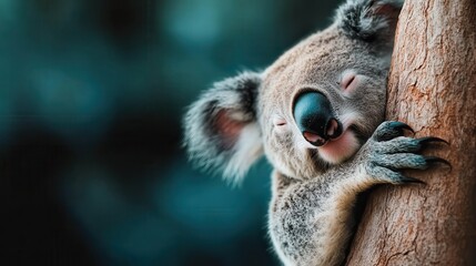 In a state of utter tranquility, a koala sleeps while resting against a firm tree trunk, symbolizing peace and comfort within its harmonious natural setting.