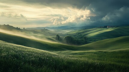 Obraz premium Rolling hills stretch into the distance, bathed in warm sunlight, while dark clouds gather overhead, creating a captivating contrast in the countryside