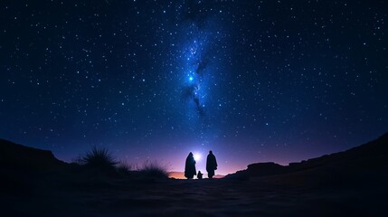 Fototapeta premium The Wise Men, accompanied by a guiding star, approach the birthplace of the baby Jesus at night