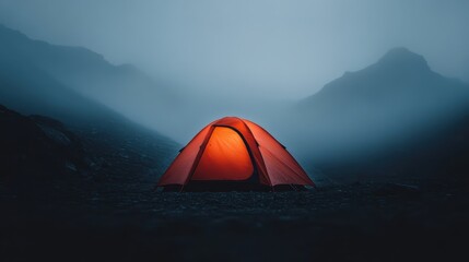A vibrant orange tent brightly glows against the misty backdrop of a mountain landscape, creating a mysterious and adventurous scene under the night sky.