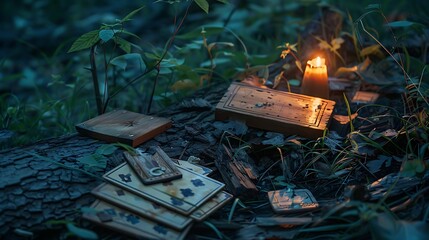 Naklejka premium Antique games and crude tools made of wood lying across a verdant wooded area at night