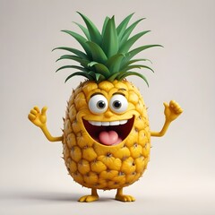 A happy, cartoon pineapple character with large eyes and an exaggerated expression, set against a plain background