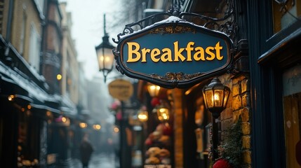 Obraz premium An inviting and charming street with warm lantern lights and a prominent blue and gold sign that reads Breakfast, surrounded by cozy urban architecture on a misty day