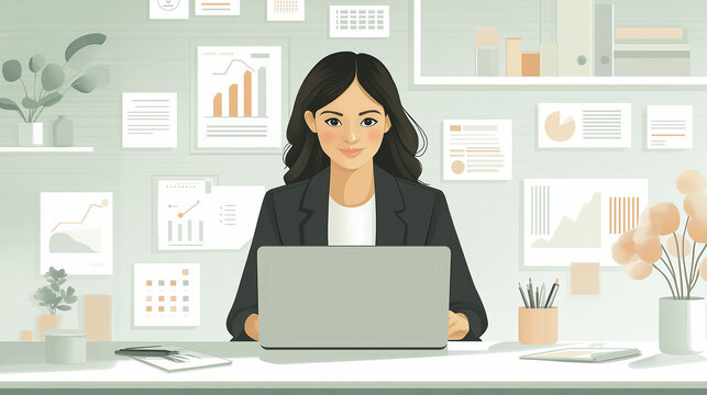 vector illustration of a businesswoman, working on laptop, business concept