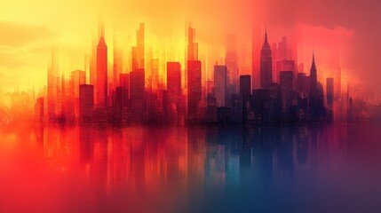Fototapeta premium A vibrant and abstract cityscape with glowing sunset hues reflected on water.