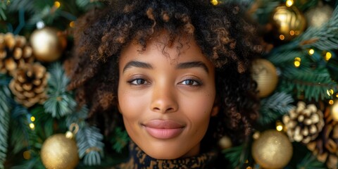 A close-up portrait of a person with a serene expression, set against a festive background featuring Christmas decorations of pine cones and golden ornaments