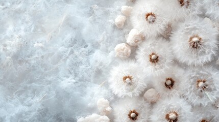 A striking overhead image of multiple fluffy dandelion seeds contrasts beautifully with a cloud-textured background, invoking imagination, mystery, and natural elegance.