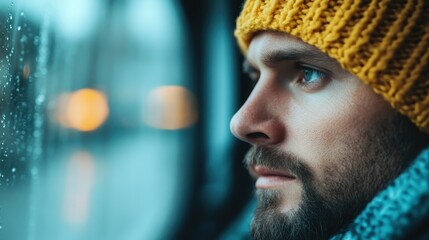 Fototapeta premium This is an image of a man with a knitted yellow beanie, gazing out of a rain-streaked window. His thoughtful expression suggests deep contemplation in winter.