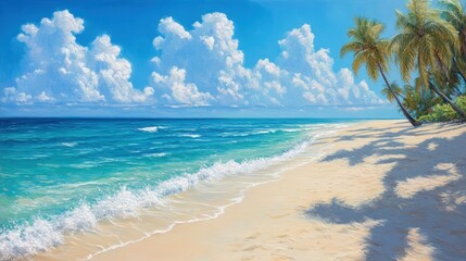 A serene tropical beach with white sand, turquoise water, and palm trees casting long shadows.