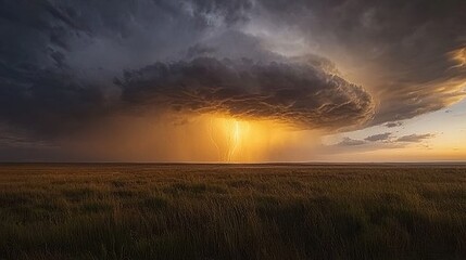 Dramatic Cumulonimbus Cloud Formation over Rural Countryside Landscape at Sunset