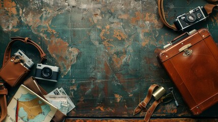 Travel-themed background featuring a suitcase, passport, and travel essentials, arranged with balanced elements and copy space ready for adventure-themed designs