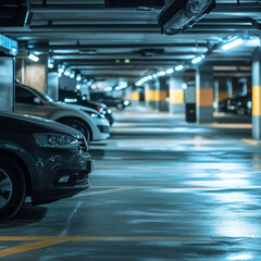 A modern underground car park featuring sleek vehicles and illuminated pathways. high tech environment showcases clean and organized space, perfect for vehicle storage