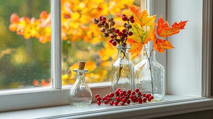 Fall window decoration with glass vases, autumn leaves, and berries on the windowsill, autumn decorations for the home, fall color theme.