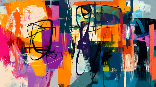 Abstract painting with geometric forms figurative drawings retro expressionism elongated figures restrained expressionism wallpaper background digital art. Abstract Expressionism. Illustration