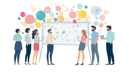Obraz premium vector illustration of businesspeople, making plans for busimess growth on a white board, standing, business concept