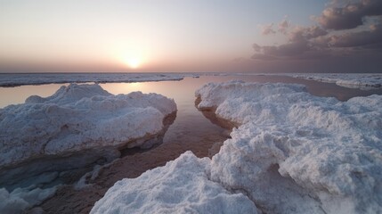 The image captures a breathtaking sunset casting warm hues over expansive salt formations and a tranquil water body, evoking a sense of calm and wonder.