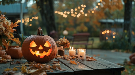 Fototapeta premium Scary pumpkin lantern on wooden table in yard. Halloween decor.
