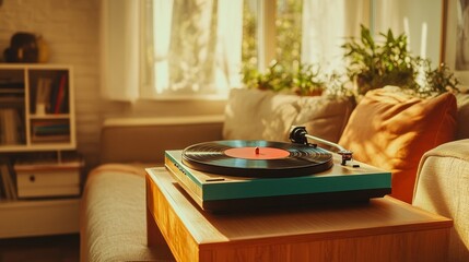 Cozy 70s-inspired living room with a vintage turntable playing a colorful vinyl record